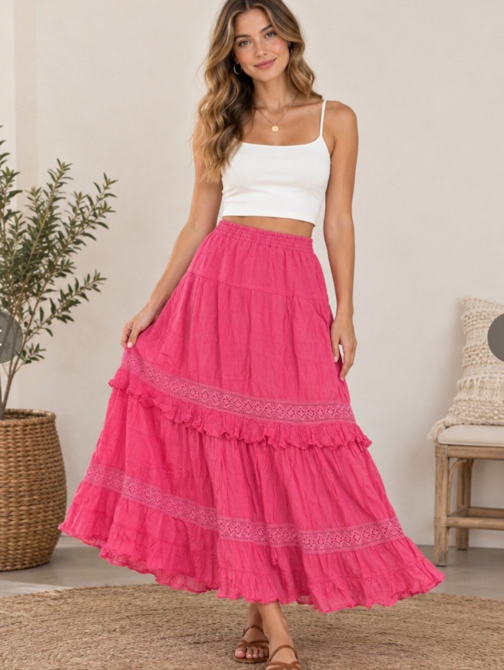 100% Cotton Willi Smith Tiered Boho Skirt Medium Corol
